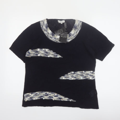 Anne Smith Womens Black Sequin Short Sleeve Knit Pullover Jumper L/XL