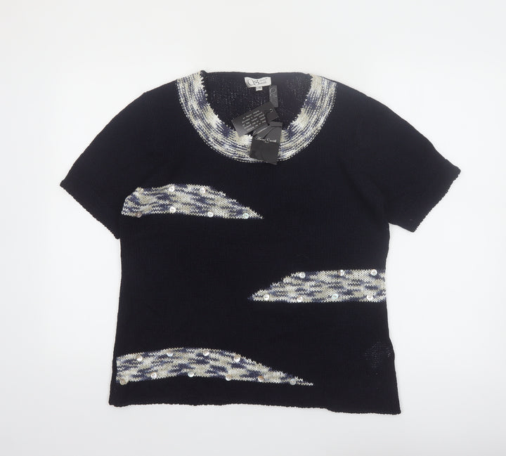 Anne Smith Womens Black Sequin Short Sleeve Knit Pullover Jumper L/XL