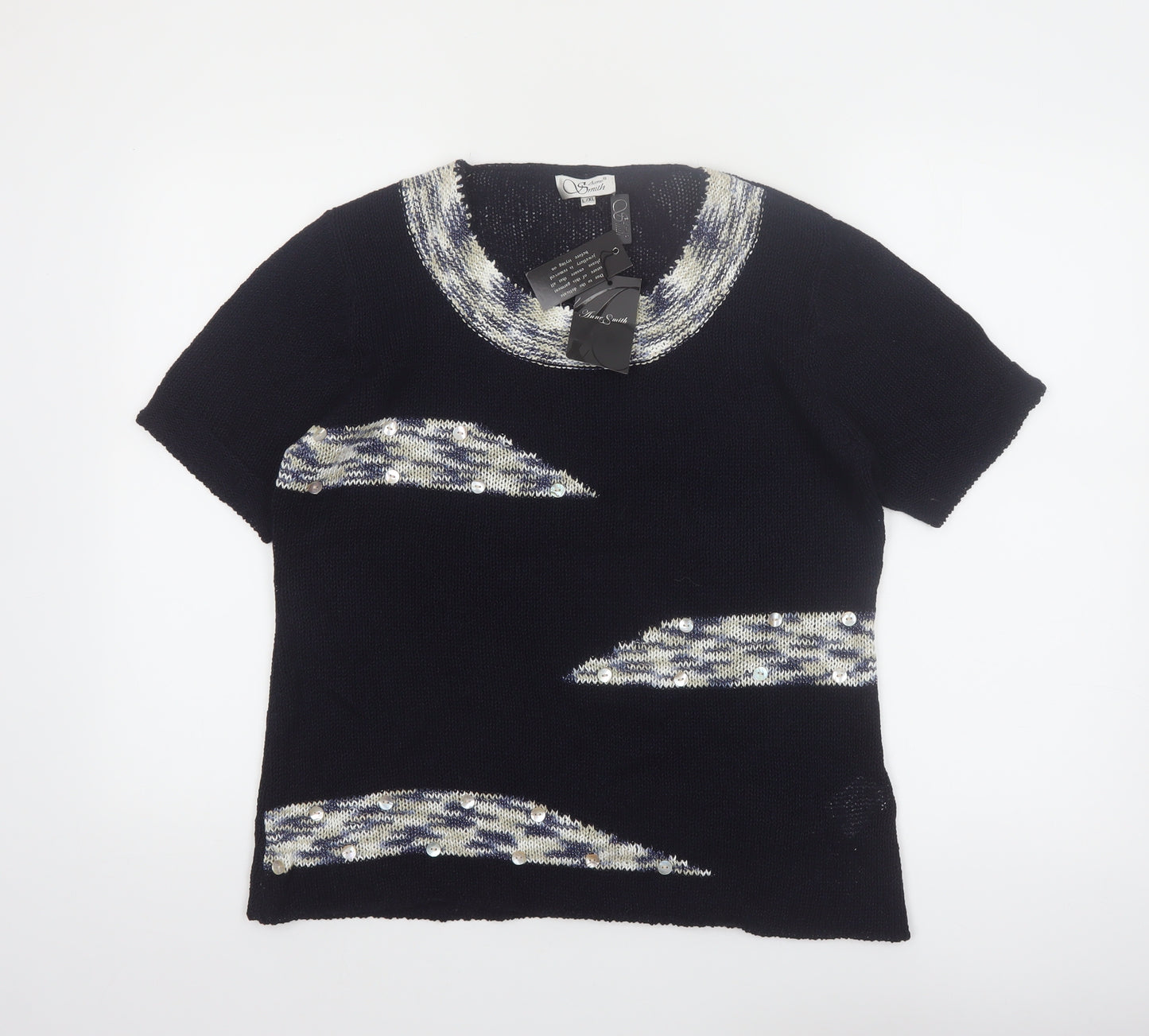 Anne Smith Womens Black Sequin Short Sleeve Knit Pullover Jumper L/XL