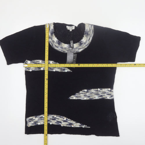 Anne Smith Womens Black Sequin Short Sleeve Knit Pullover Jumper L/XL