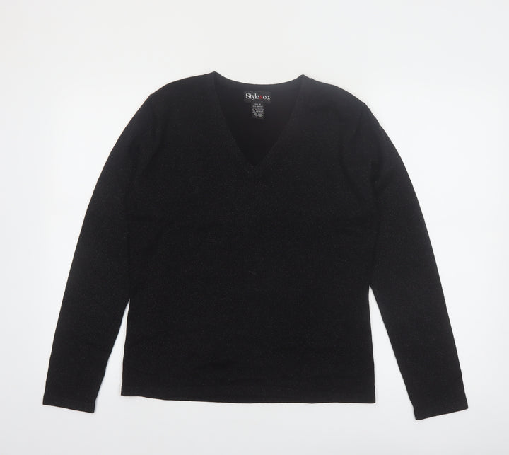 Style & Co Women's Black V-Neck Long Sleeve Pullover Jumper Size S