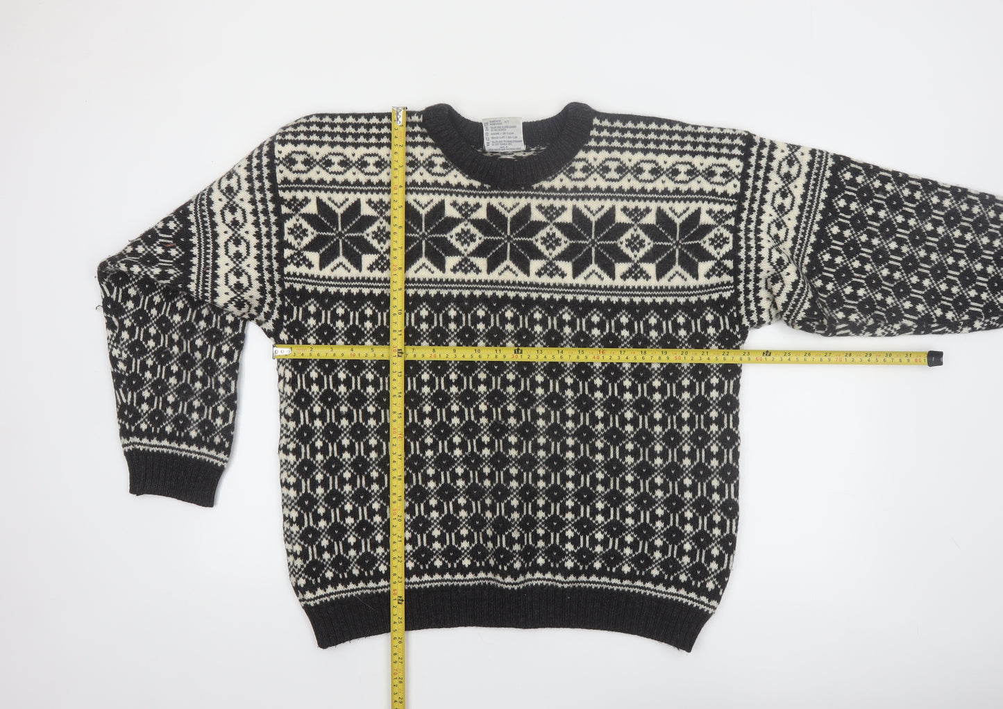 Voss Mens Black Wool Fair Isle Winter Jumper Size L
