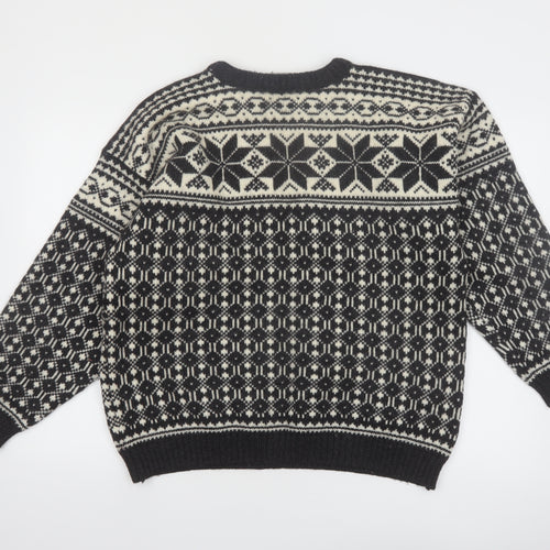 Voss Mens Black Wool Fair Isle Winter Jumper Size L