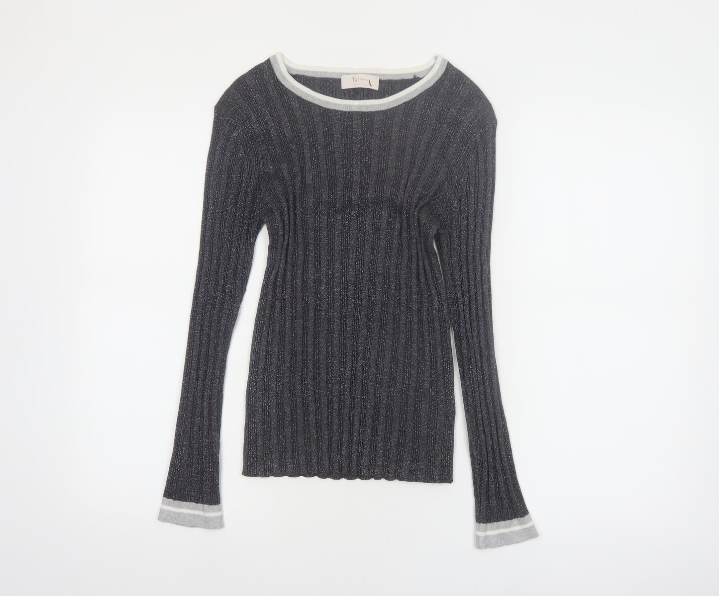 Tu Women Grey Ribbed Knit Slim Fit Pullover Jumper Size 14