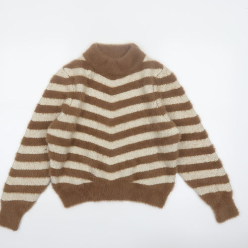 Warehouse Women’s Beige Striped High Neck Long Sleeve Jumper Size 10