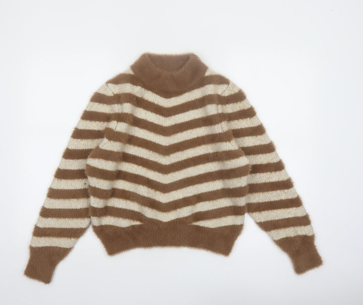 Warehouse Women’s Beige Striped High Neck Long Sleeve Jumper Size 10