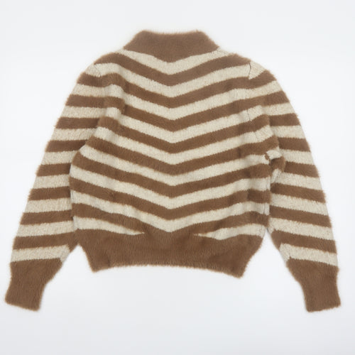 Warehouse Women’s Beige Striped High Neck Long Sleeve Jumper Size 10