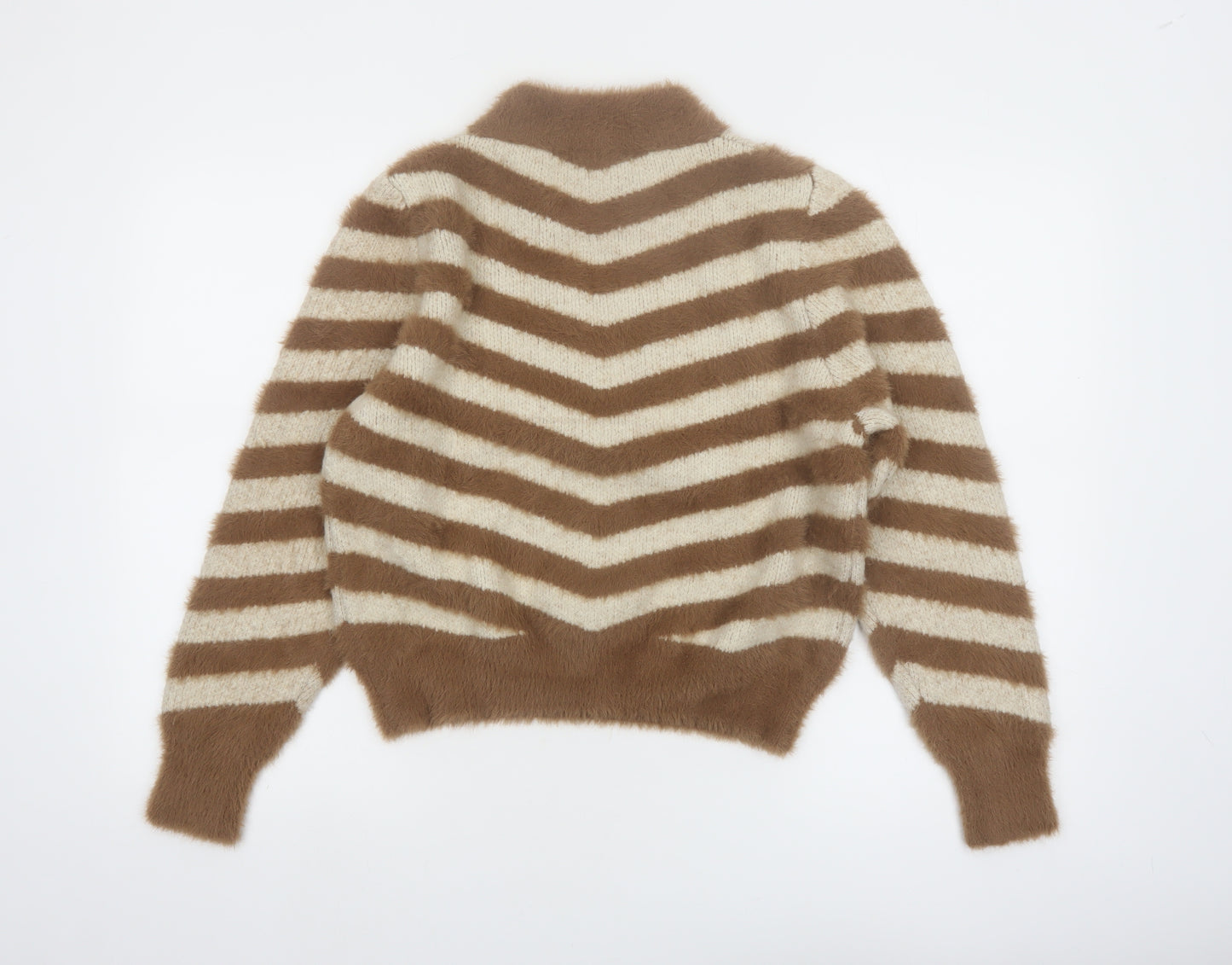 Warehouse Women’s Beige Striped High Neck Long Sleeve Jumper Size 10