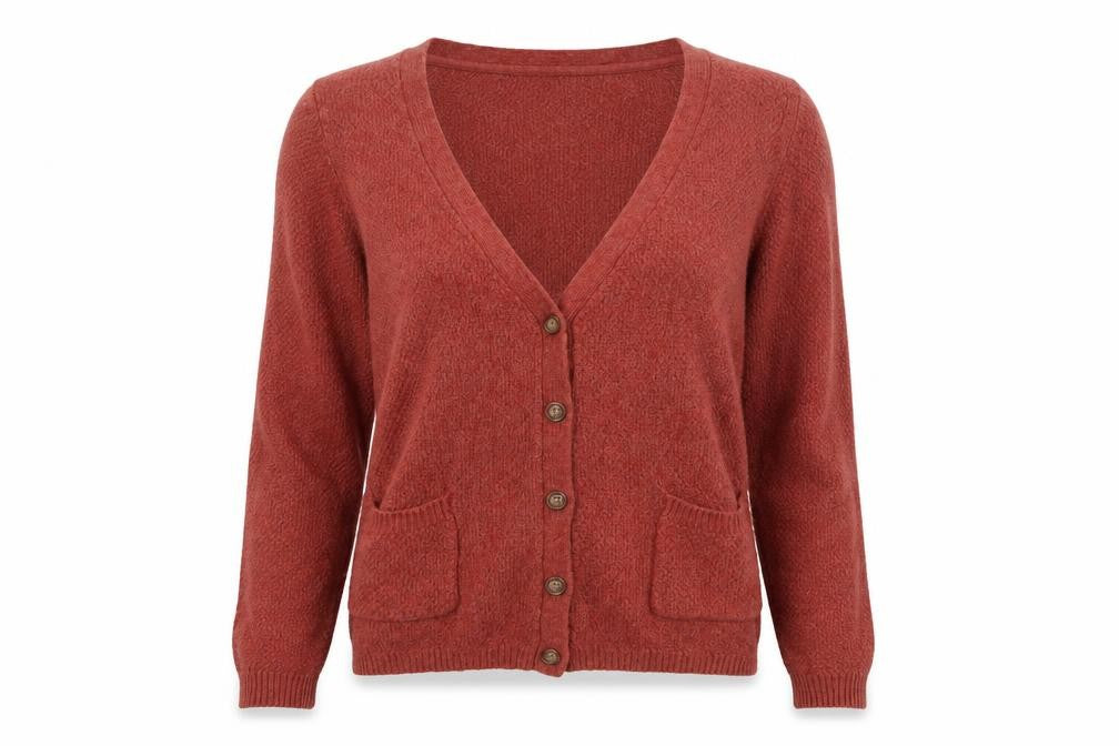 Front view of FatFace Women's Brown Wool Blend V-Neck Button Cardigan, size 10