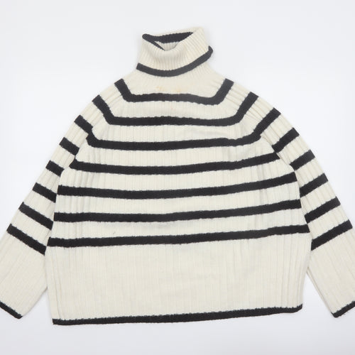 H&M Women's Ivory Black Striped Roll Neck Knitted Jumper Size 12