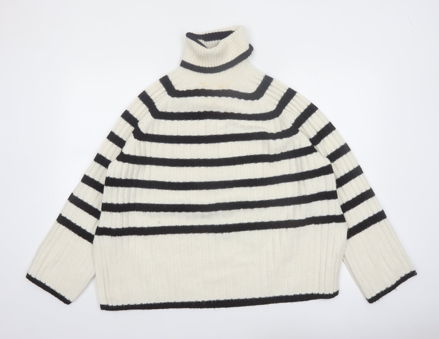 H&M Women's Ivory Black Striped Roll Neck Knitted Jumper Size 12