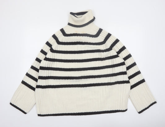 H&M Women's Ivory Black Striped Roll Neck Knitted Jumper Size 12