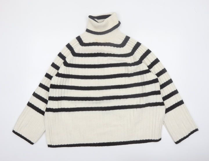 H&M Women's Ivory Black Striped Roll Neck Knitted Jumper Size 12