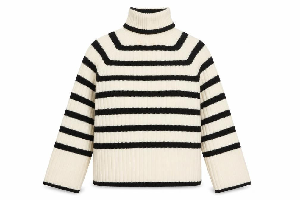 Front view of H&M Women's Ivory Black Striped Roll Neck Knitted Jumper, size 12