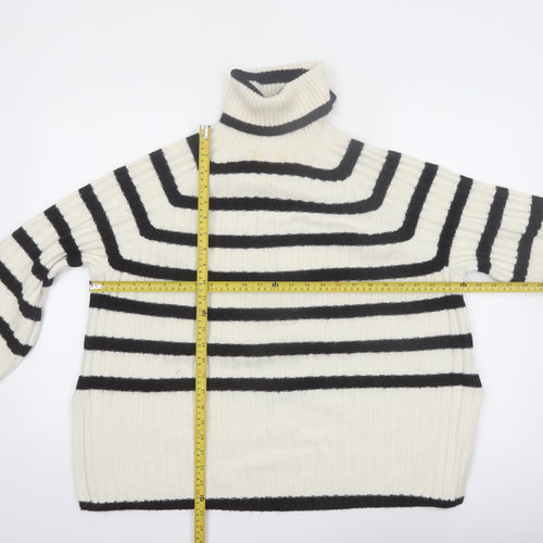 H&M Women's Ivory Black Striped Roll Neck Knitted Jumper Size 12