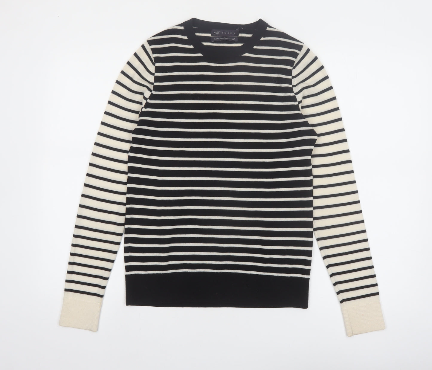 Marks and Spencer Womens Black Striped Merino Wool Jumper Size 8