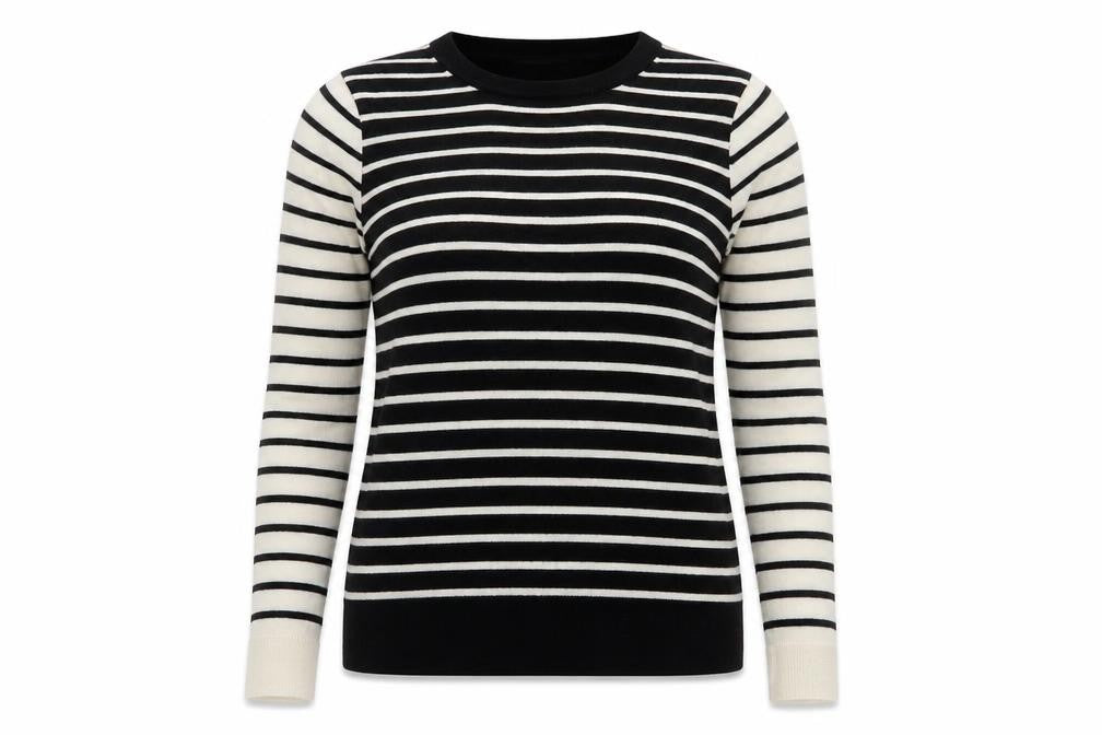Front view of Marks & Spencer women’s black striped merino wool jumper, size UK 8