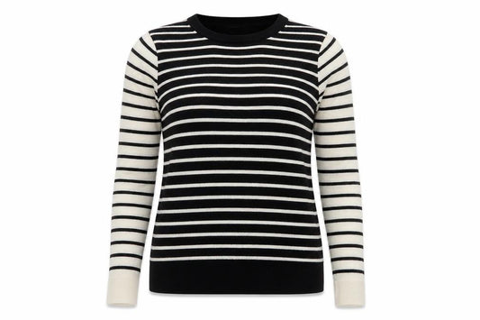 Front view of Marks & Spencer women’s black striped merino wool jumper, size UK 8