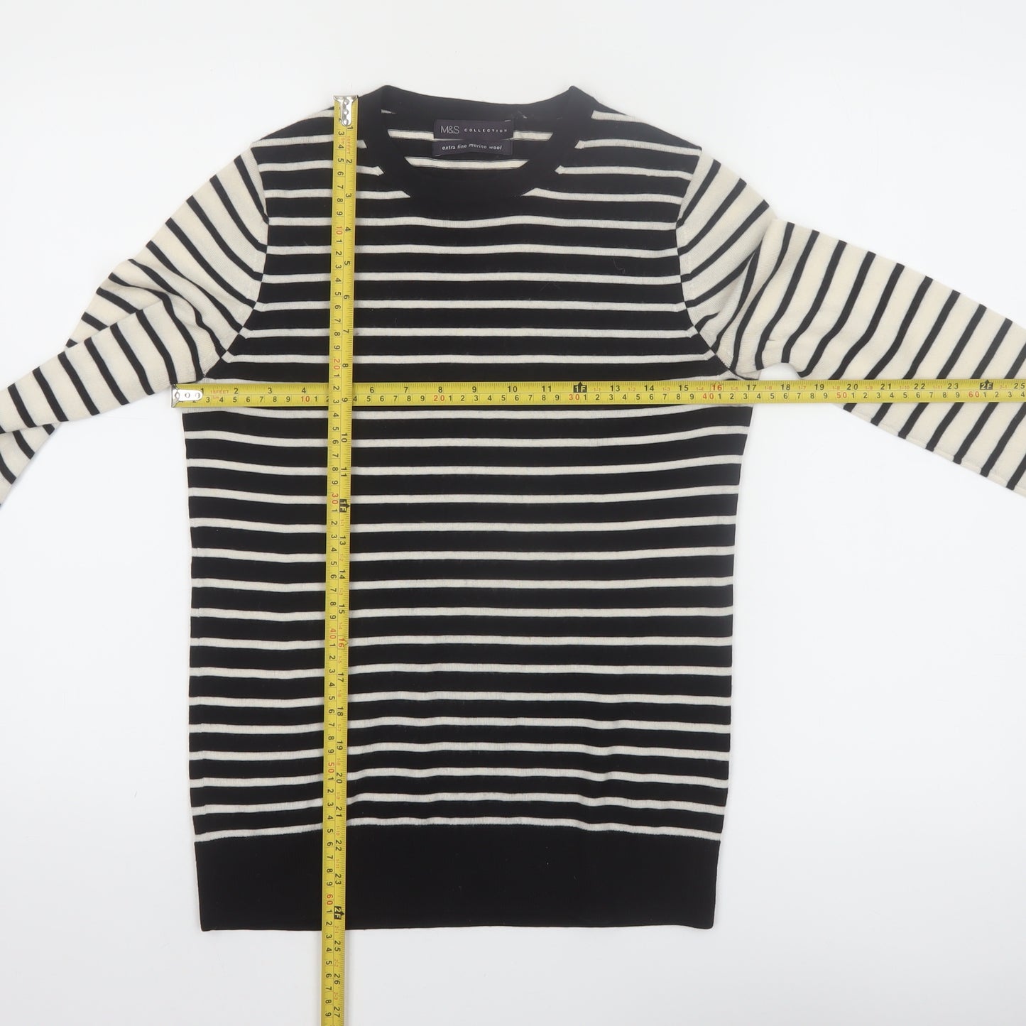 Marks and Spencer Womens Black Striped Merino Wool Jumper Size 8