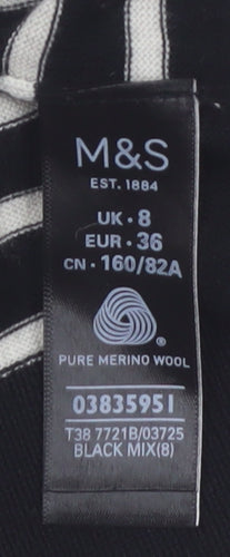 Marks and Spencer Womens Black Striped Merino Wool Jumper Size 8