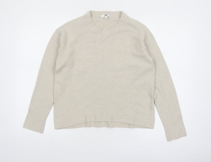 Uniqlo Women Beige Crew Neck Long Sleeve Knit Jumper M