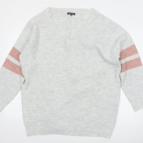 Micha Lounge Women Grey Pink V-Neck Long Sleeve Knit Jumper Size M