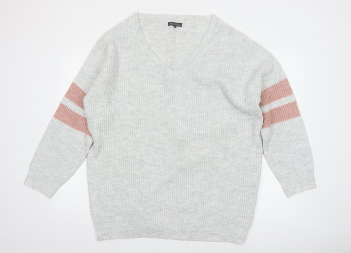 Micha Lounge Women Grey Pink V-Neck Long Sleeve Knit Jumper Size M