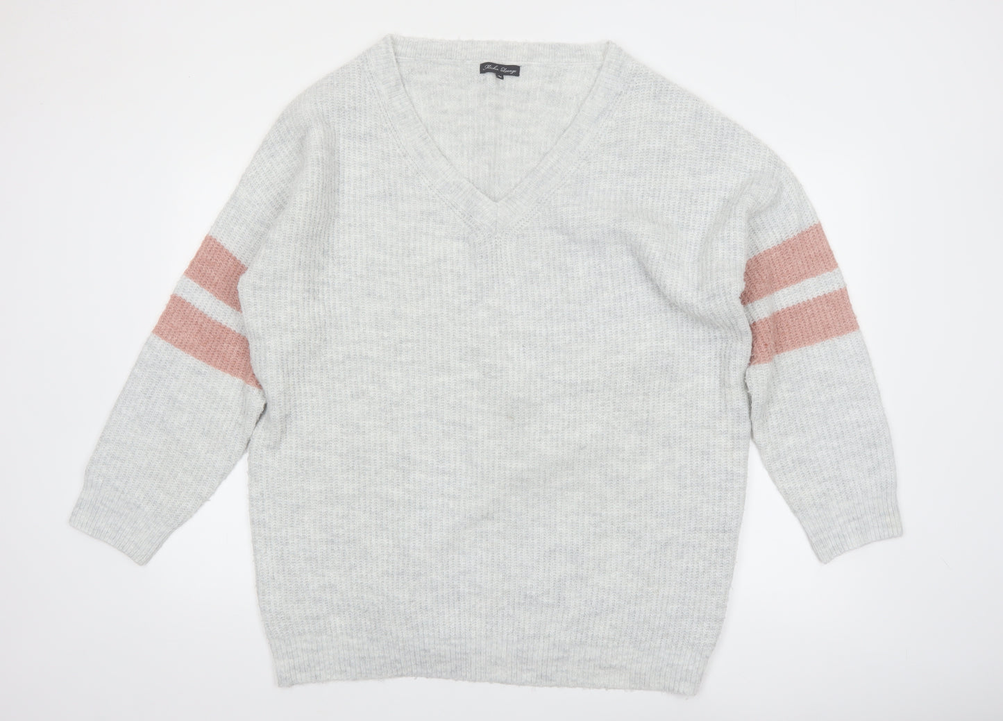 Micha Lounge Women Grey Pink V-Neck Long Sleeve Knit Jumper Size M