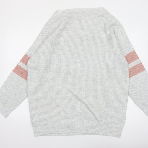 Micha Lounge Women Grey Pink V-Neck Long Sleeve Knit Jumper Size M