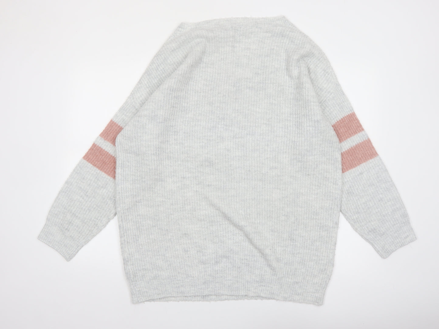 Micha Lounge Women Grey Pink V-Neck Long Sleeve Knit Jumper Size M