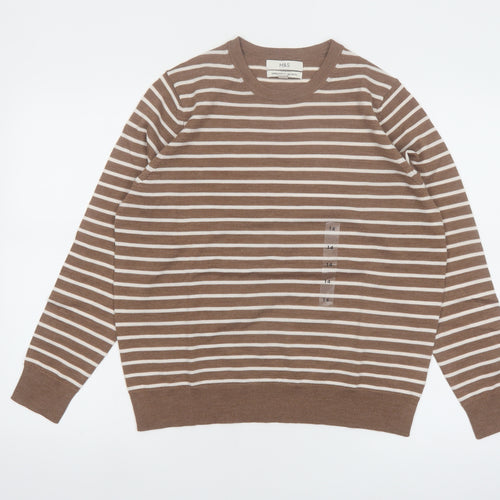 Marks and Spencer Women Brown Striped Merino Wool Jumper Size 14