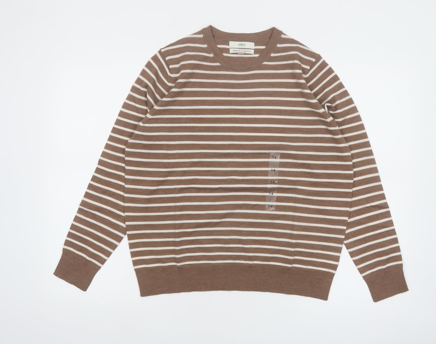 Marks and Spencer Women Brown Striped Merino Wool Jumper Size 14