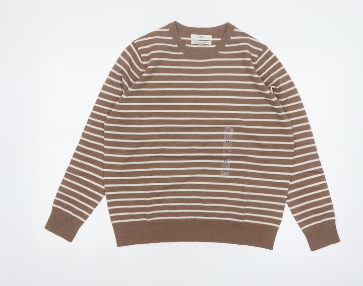 Marks and Spencer Women Brown Striped Merino Wool Jumper Size 14