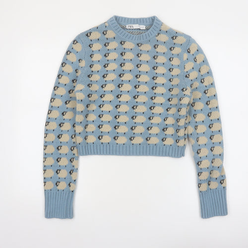 Zara Women Blue Sheep Knit Jumper Size 12 Wool Blend Pullover