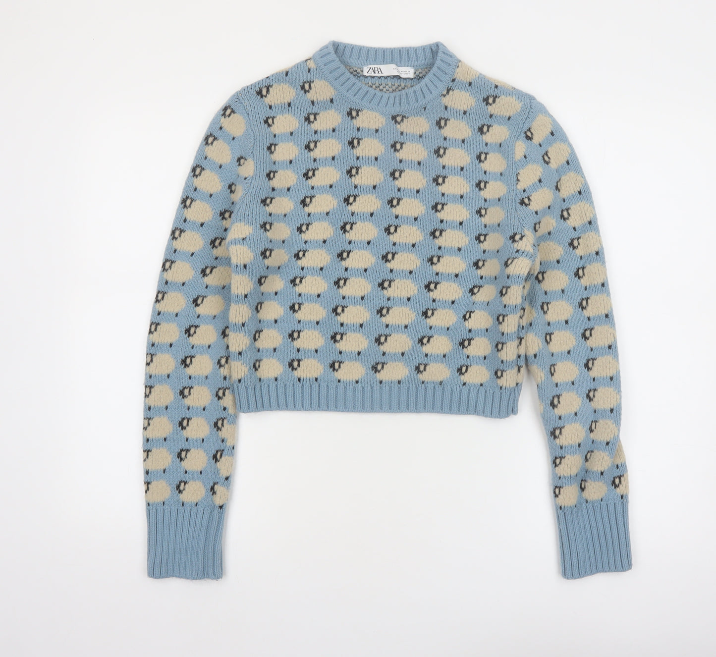 Zara Women Blue Sheep Knit Jumper Size 12 Wool Blend Pullover