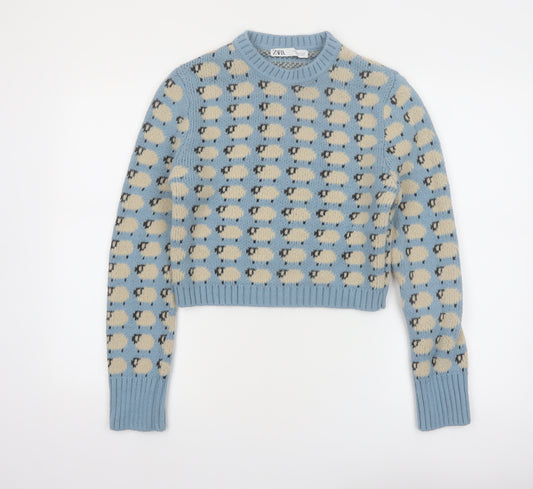 Zara Women Blue Sheep Knit Jumper Size 12 Wool Blend Pullover