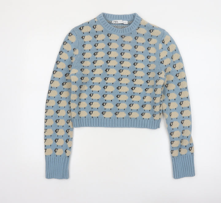 Zara Women Blue Sheep Knit Jumper Size 12 Wool Blend Pullover