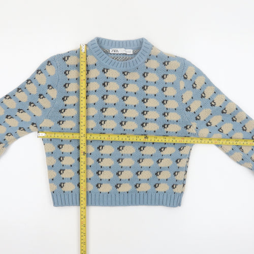 Zara Women Blue Sheep Knit Jumper Size 12 Wool Blend Pullover