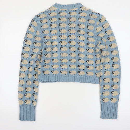 Zara Women Blue Sheep Knit Jumper Size 12 Wool Blend Pullover