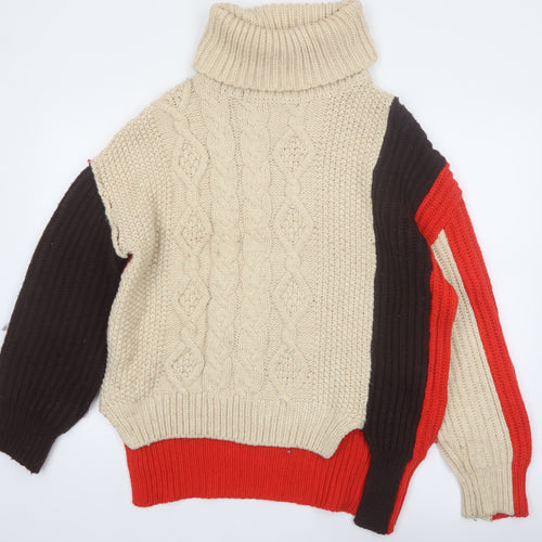 ZARA Women’s Beige Brown Red Roll Neck Chunky Knit Jumper Size M