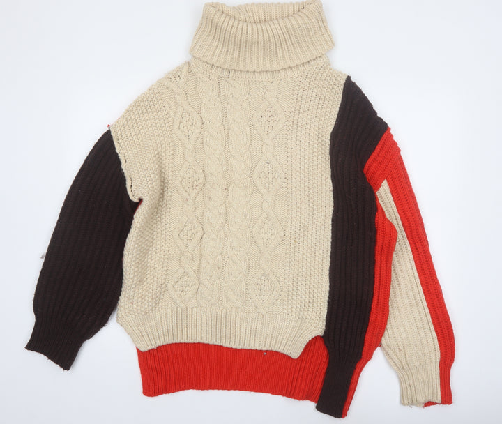 ZARA Women’s Beige Brown Red Roll Neck Chunky Knit Jumper Size M