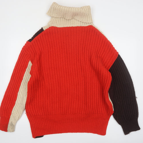 ZARA Women’s Beige Brown Red Roll Neck Chunky Knit Jumper Size M