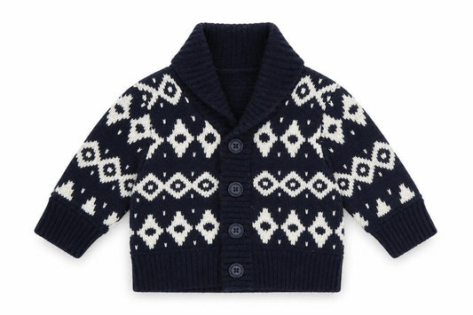 Front view of Baby Gap unisex black geometric knit hooded cardigan 0-3 months