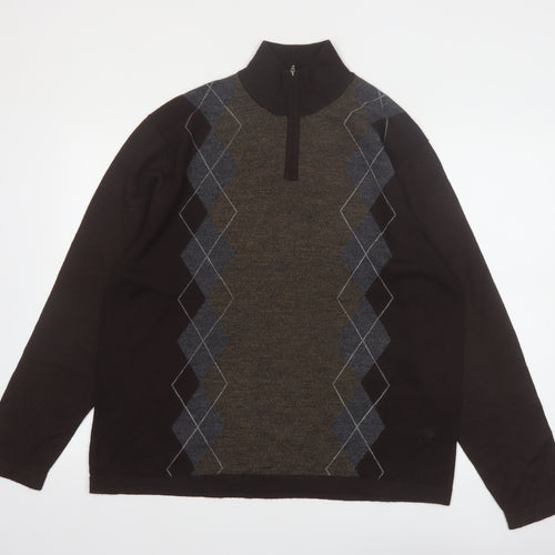 Alfani Men’s Brown Argyle 1/4 Zip High Neck Wool Jumper L