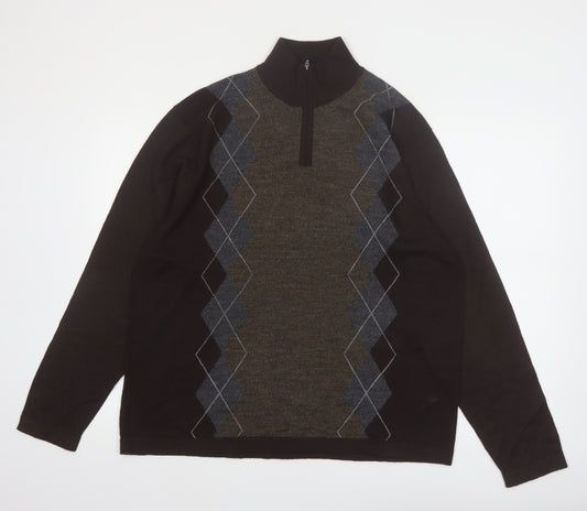 Alfani Men’s Brown Argyle 1/4 Zip High Neck Wool Jumper L
