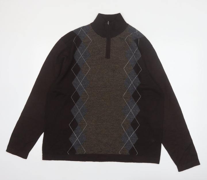Alfani Men’s Brown Argyle 1/4 Zip High Neck Wool Jumper L