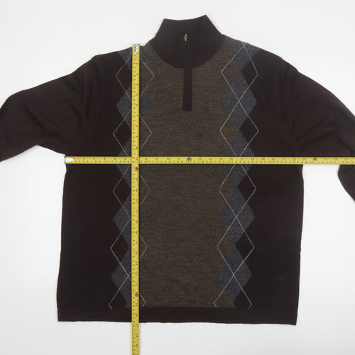 Alfani Men’s Brown Argyle 1/4 Zip High Neck Wool Jumper L