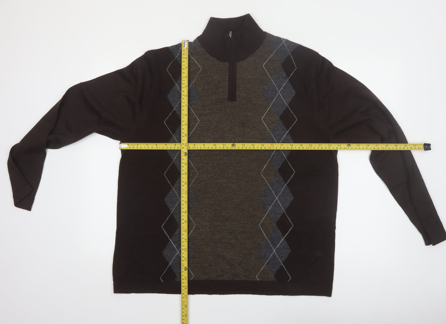 Alfani Men’s Brown Argyle 1/4 Zip High Neck Wool Jumper L