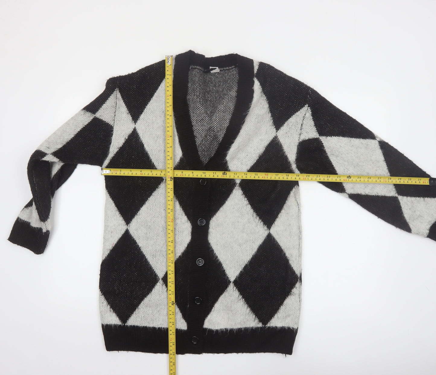 H&M Divided Women's Black & Grey Argyle Knit Cardigan Size 8