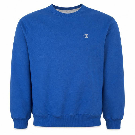Front view of Champion Men's Blue Crew Neck Pullover Sweatshirt, size M